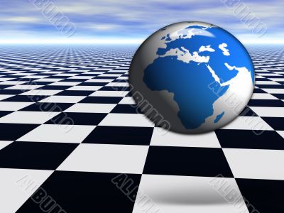3D world globe jumping on abstract chess black and white Infinite floor with cloudy blue sky