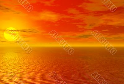 Bloody red sunset over ocean and cloudy sky 3D high quality rend