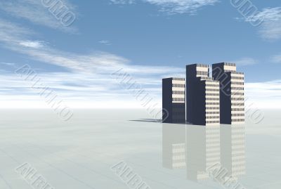 3d Conceptual city skyscrapers on blue sky and rainbow
