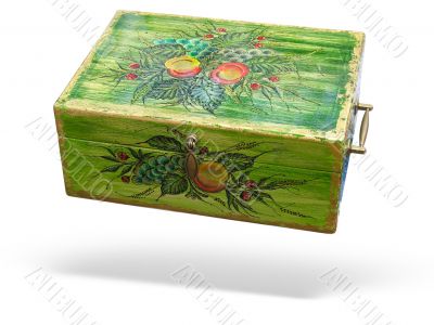 Antique green decorated wood box isolated over white background
