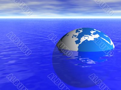 planet earth globe floating in blue ocean and cloudy sky background