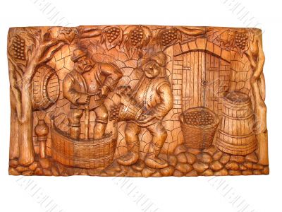 ancient vintage wooden Bas-relief about vine manufacturing