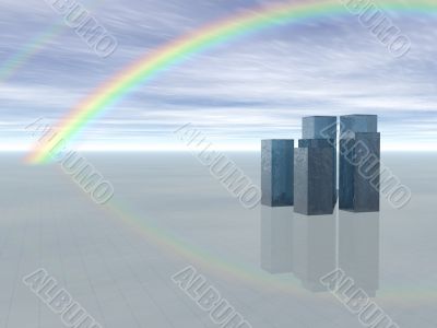 3d Conceptual city skyscrapers on blue sky and rainbow