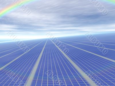 3d concept infinite solar panels against blue sky and rainbow