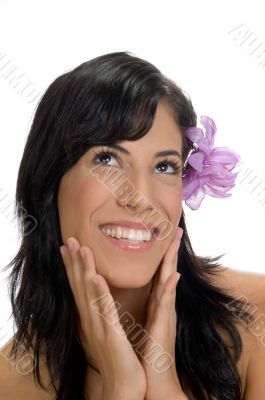 beautiful smiling woman looking upward