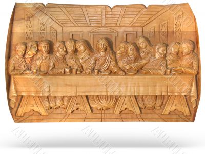 wooden Last Dinner religion bas-relief isolated over white background