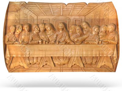 wooden Last Dinner religion bas-relief isolated over white background wooden Last Dinner religion bas-relief isolated over white background