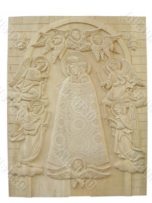 wooden orthodox religion bas-relief isolated over white background