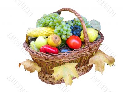 wooden basket with autumn harvest fruit vegetables and leaves isolated