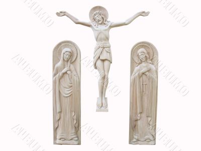wooden orthodox religion bas-relief isolated over white background