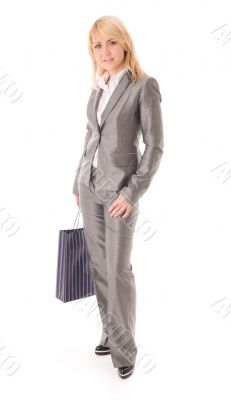 Portrait of happy businesswoman with bag