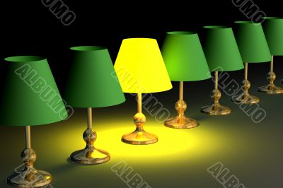 One shone desk lamp among. 3D image. One shone desk lamp among. 3D image.