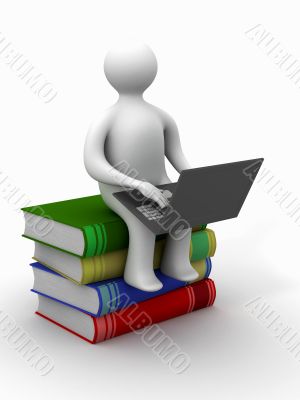 student with the laptop sitting on books. 3D image. student with the laptop sitting on books. 3D image.