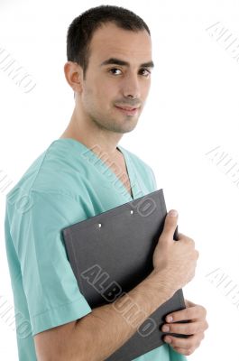 side pose of doctor with writing pad