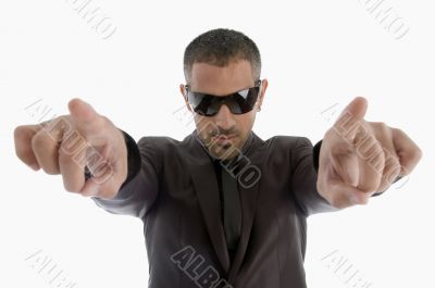 indicating businessman with sunglasses