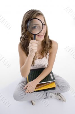 happy girl with books and lens