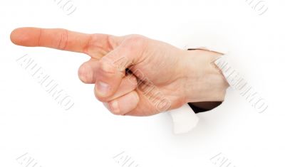 Gesture male hand through white paper