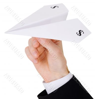 Male hand holding airplane of dollar