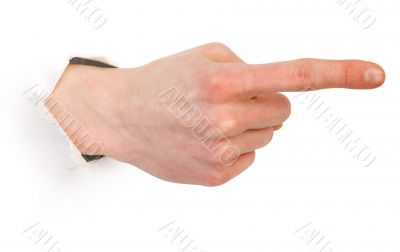 Gesture male hand through white paper