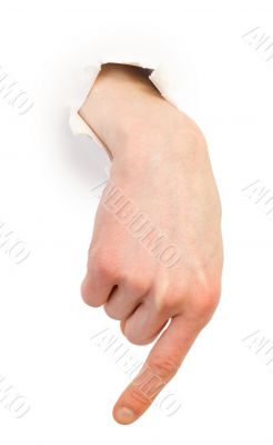 Gesture male hand through white paper
