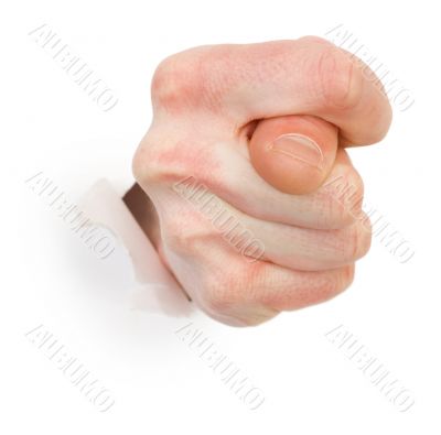 Gesture male hand through white paper