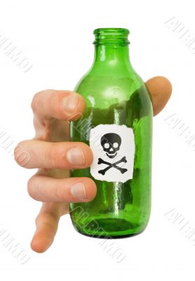Male hand with green bottle pictured crossbones