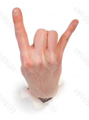 Gesture male hand through white paper