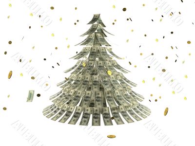 Christmas tree made by dollars with coin as snow