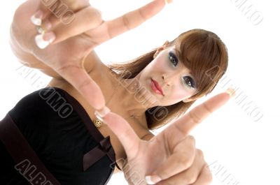 gorgeous woman showing hand gesture