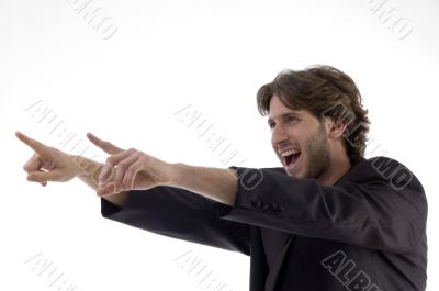 shouting young man pointing sideways