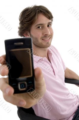 smiling man showing mobile