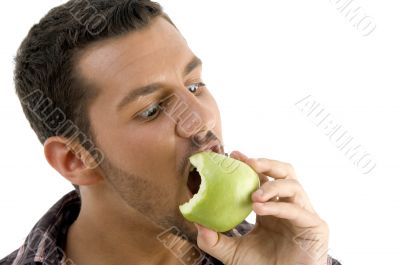 man eating green apple