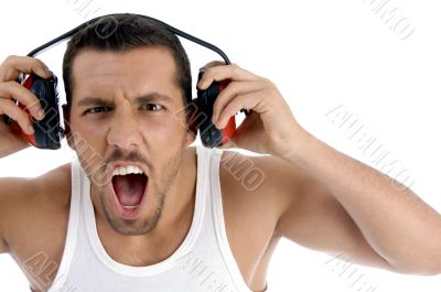 caucasian guy enjoying rock music with full volume