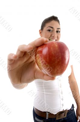 young female showing apple young female showing apple