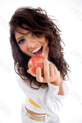 woman going to eat apple
