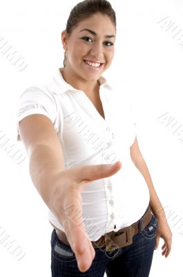 smiling model offering hand shake