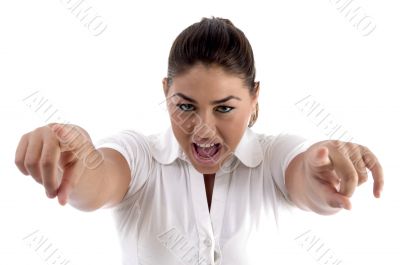 shouting woman pointing with both hands
