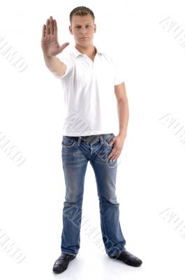 male gesturing stop with his hand