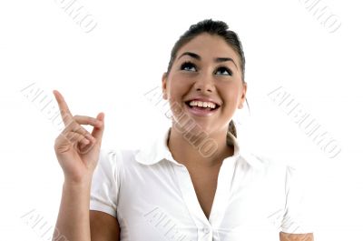 smiling woman indicating back side