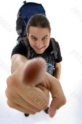 close up view of young traveler`s finger