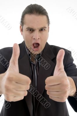 lawyer with thumbs up hand gesture