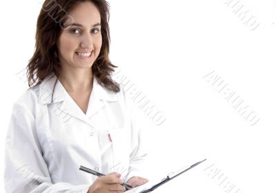 lady doctor note down medical prescription