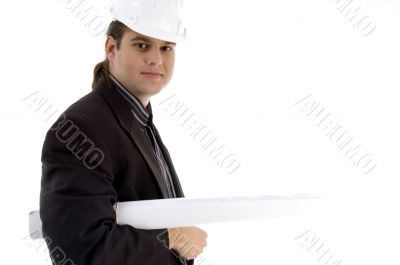 young architect holding blueprints