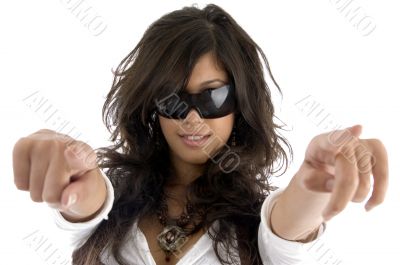 fashion model pointing with both hands fashion model pointing with both hands