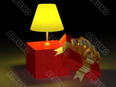 Shone lamp in a gift box. 3D image