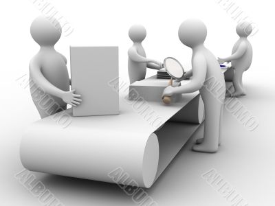 Work on the conveyor. 3D image. Isolated illustrations Work on the conveyor. 3D image. Isolated illustrations