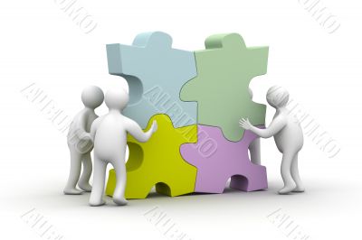 People collect puzzle. 3D image. Isolated illustrations