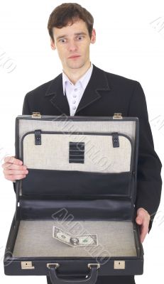 Man with suitcase containing one dollar