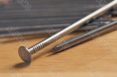 Macro of Nails on Wood Macro of Nails on Wood