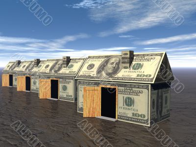 3D rendered street of money made houses with reflection and blue sky